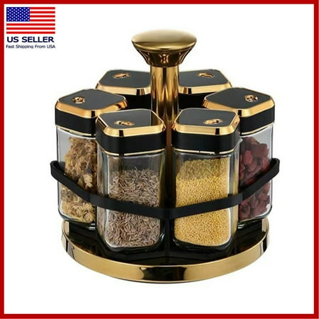 Spice Carousel 360 Rotating Lazy Susan Organizer - Multipurpose Spice Rack & Condiment Holder with 6 Salt & Pepper Jars, Revolving Durable Storage Tray for Kitchen Accessories (Black & Gold Accent)