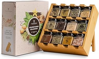 TILZ GEAR Wooden 3-Tier Spice Rack, 12 Filled Glass Jars, 12 Organic Spices Included, Brown
