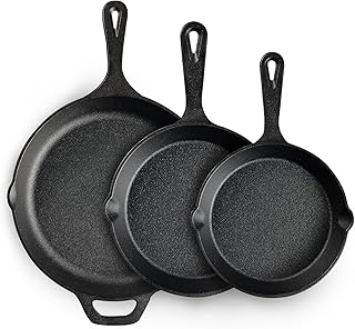 EWFEN Cast Iron Skillet 3-Piece Set, Heavy-Duty Professional Restaurant Chef Quality Pre-Seasoned Pan Cookware Set, 6", 8", 10" Pans For Frying, Saute, Cooking, Use Indoor/Outdoor, Oven, Grill