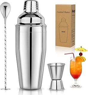 24oz Cocktail Shaker Set Martini Shaker Set Bartender Set | Professional 18/8 Stainless Steel Bar Tools with Margarita Mixer Drink Shaker, Measuring Jigger and Mixing Spoon (Silver)