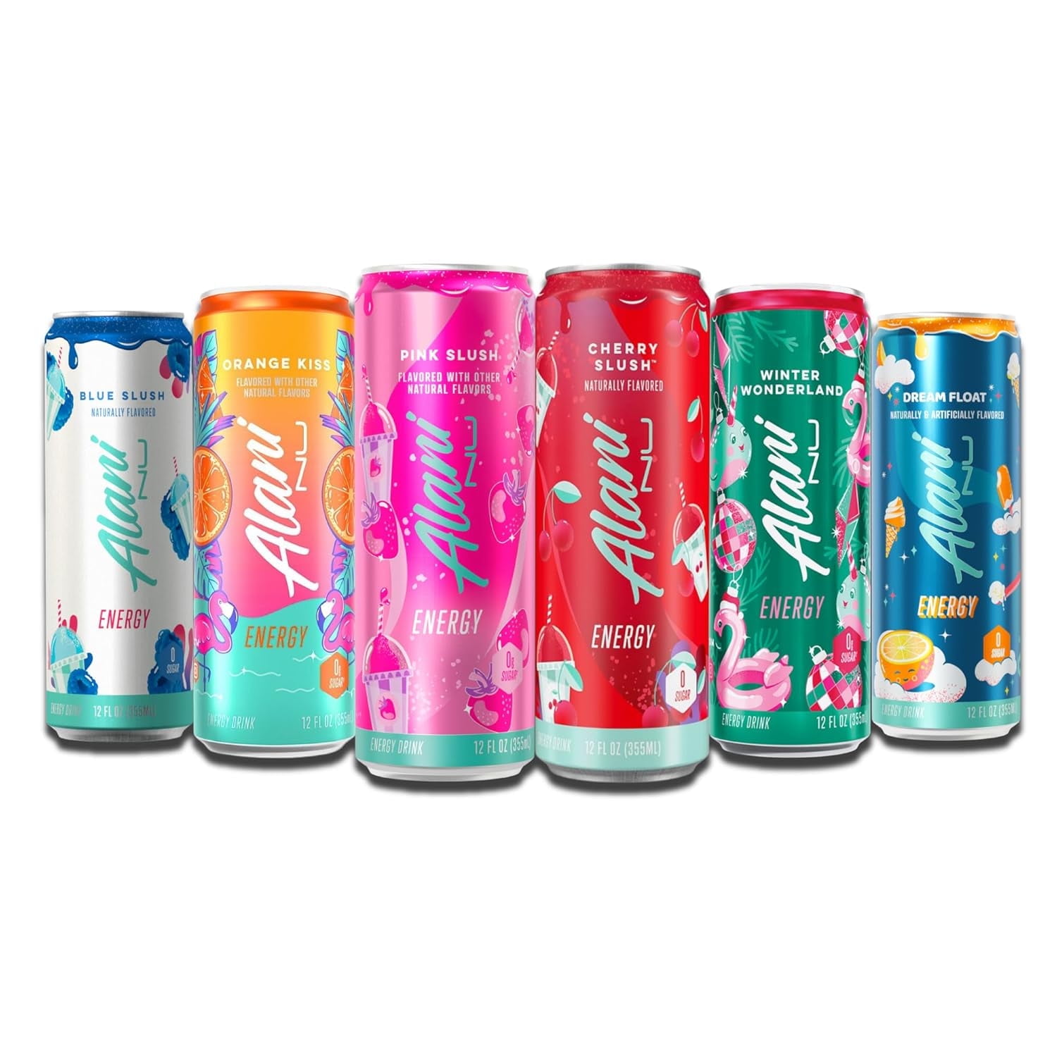 New Alani Energy Drink Variety Pack Pink Slush, Blue Slush, Cherry Slush, Orange Kiss, Winter Wonderland, Dream Float, Sugar-Free, 12 fl oz Low-Calorie Energy Boost Drink (Pack of 6)