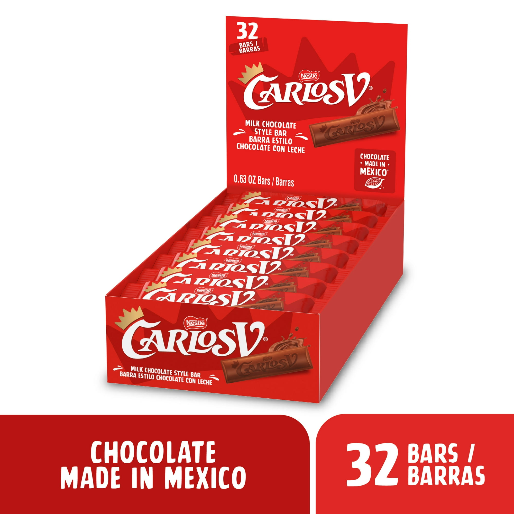 Carlos V Milk Chocolate Style Full-Size Mexican Candy Bar - 32 Count 1.27 lb.