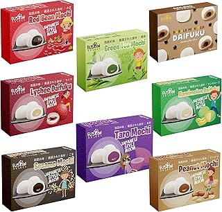 Japanese Mochi 8 Variety Pack: Boba Milk Tea, Taro, Sesame, Hamimelon, Lychee, Green Tea, Peanut & Red Bean in Fusion Select Gift Box