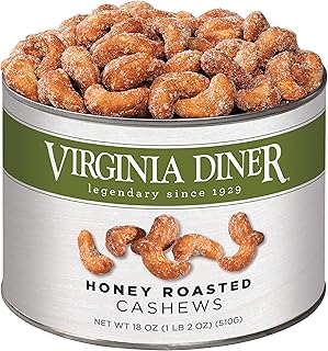Virginia Diner Honey Roasted Cashew - Jumbo Honey Roasted Gourmet Cashews Gift Tin Non-GMO, Preservative Free Gifts from Virginia Since 1929-18 Oz Can