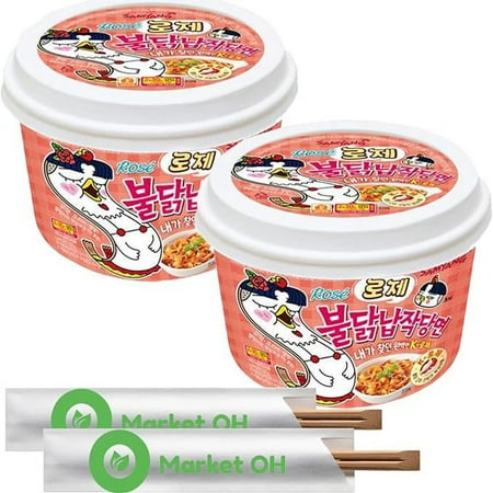 Samyang Buldak Rose Wide Flat Glass Noodles Korean Fire Challenge Microwaveable (2 pack x 5.98 oz ea) + 2 OHMARKET Chopsticks|