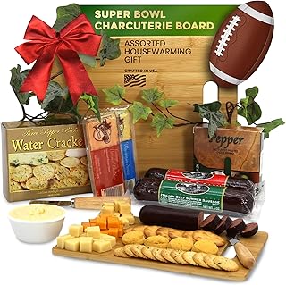 Gift Basket Village Charcuterie Board Gift Set - Bamboo Cutting Board, Three-Pepper Crackers, Italian Sausage, Wisconsin Cheese, Cheese Spread, and Knife - Wedding or Housewarming Gift