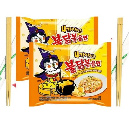 Samyang QUATTRO CHEESE Buldak Spicy Chicken Ramen Stir-Fried Noodles with Wooden Chopsticks 4.93 Oz. (Pack of 2)