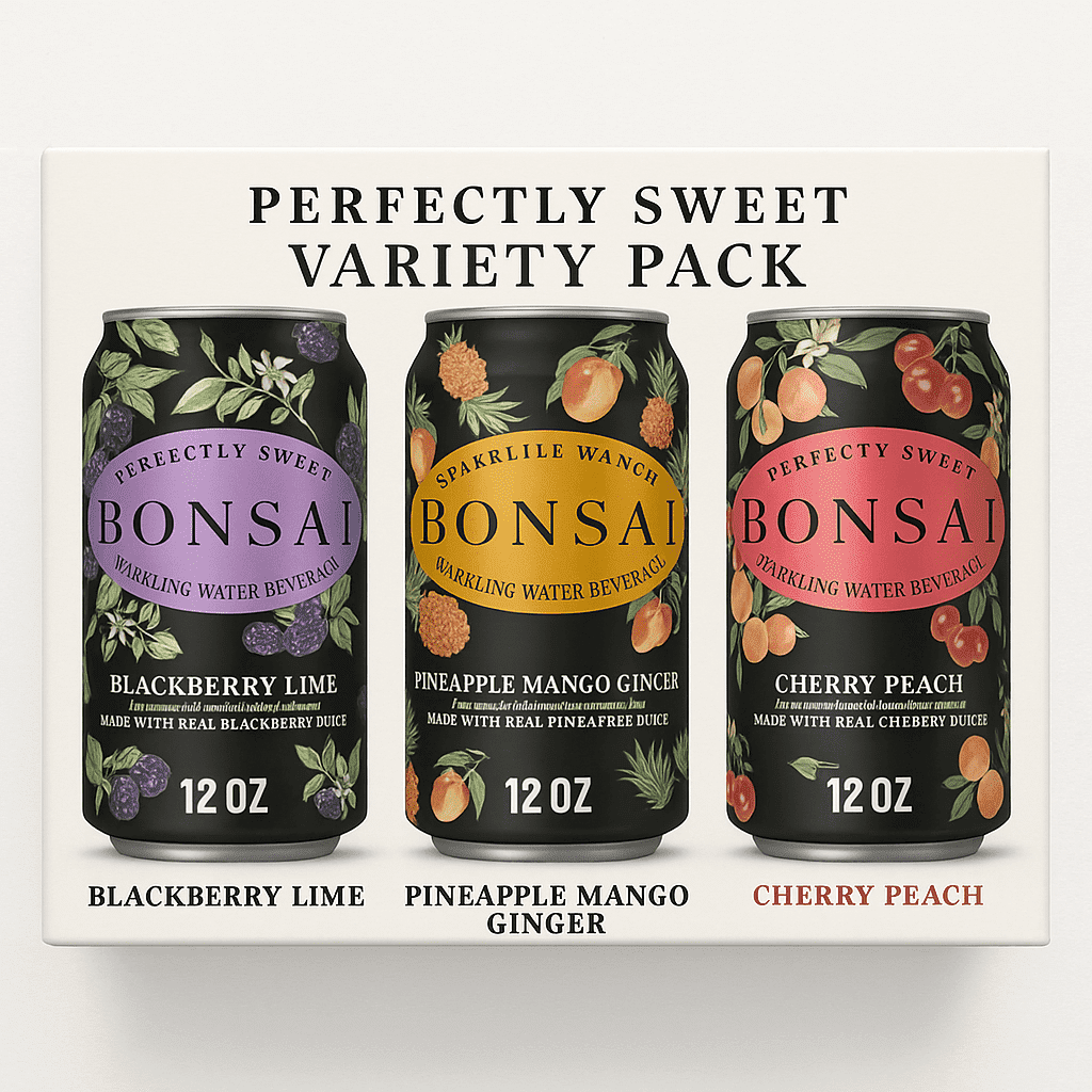 BONSAI Sparkling Water Variety Pack, 24 Count - Blackberry Lime, Pineapple Mango Ginger, Cherry Peach, 8 Cans Each, Made with Real Juice