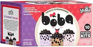 Boba Bundle Kit 10 Serv. Instant Bubble Pearl Variety Milk Tea Kit with Authentic Brown Sugar Tapioca Pearls by Yulu Foods - Ready in Under 1 Minute, Includes Paper Straws - Gift Box, Holiday (Classic, Taro and Strawberry)