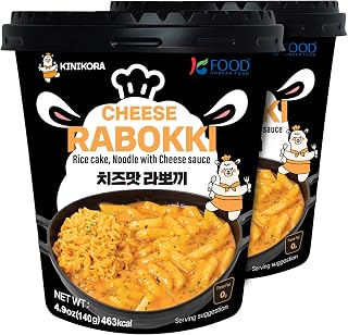 KINIKORA Cheese Instant Rabokki Cup 2-Pack, Korean Tteokbokki & Ramen | Topokki style Korean street food, Chewy rice cakes with ramen, Quick 3.5 min microwave cup meal