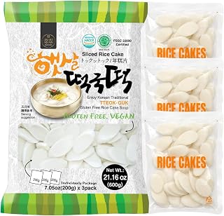 Unha's Korean Sliced Oval Rice Cakes, Tteokguk Tteok, 21.16 oz 1 Pack | Chewy pieces for soup, hot pot, ramen, stir fry, rabokki, tteokbokki; three sealed bags for simple portioning