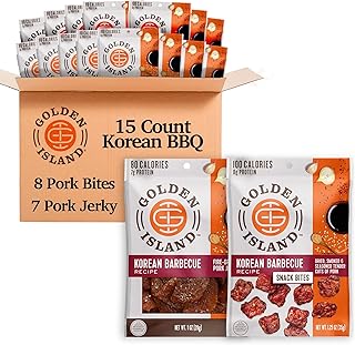 Golden Island Korean BBQ Variety Pack - (15 Pack) 8 Pork Snack Bites and 7 Pork Jerky - Korean Barbecue Protein Snacks - Up to 8g Protein per Serving - Gluten Free
