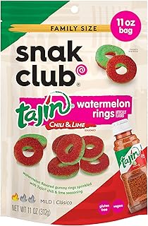 Snak Club Watermelon Rings, Tajin Chili & Lime Seasoned, Sweet and Spicy Gummy Candy, Mild in Heat Bold in Flavor, Low-Fat, Vegan, Gluten-Free Snack, Family Size, 11 Ounce