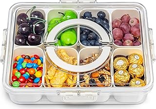 Pure Future Air-Tight Snackle Box Container -Divided Serving Tray with Lid & Handle-Clear Snack box for Fruits, Candy & Nuts-Portable for Travel & Daily Use (8 Inside Containers Dishwasher Safe)