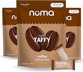 Numa Foods Coffee Chews - Caffeinated Taffy Candy, Low Sugar, High Protein, Low Calorie, All Natural & Gluten Free Candy with Caffeine - 3 Bags with 10 Coffee Candies Individually Wrapped