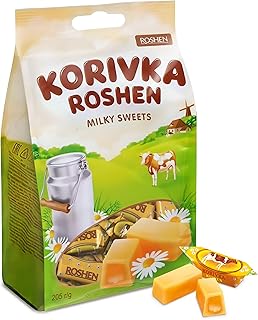 Roshen Korivka Milk Fudge Candy, 7.23oz (205g), Approx. 14 Pieces, Ukrainian Non-Glazed Dairy Fudge with Sugary Crust & Creamy Liquid Filling, Individually Wrapped - Pack of 1