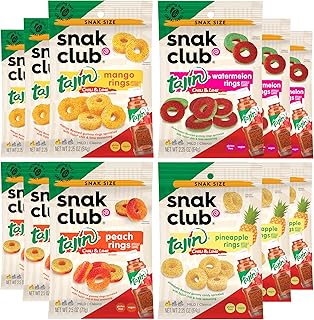Snak Club Tajin Gummy Candy Fruit Rings, Gummies with Chili and Lime Seasoning, Mild Spice, Gluten-Free and Vegan Snacks, Assorted Variety, Mango, Pineapple, Peach, Watermelon, Snack Size 12 Pack