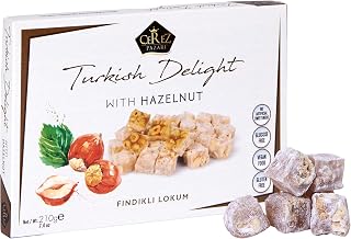 Cerez Pazari Turkish Delight Hazelnut Candy Gourmet Premium Vegan Sweets Small Gift Box 7.4oz | Luxury Traditional Soft Confectionery Lokum (Loukoumi) | Small Size Snacks Apprx.35 Pcs