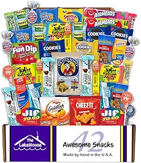 Snacks Variety Pack for Kids - 42 Count Snack Gift Basket by The LakeHouse | Snack Packs Variety Box - Camp Care Package Girl or Boy - Salty Sweet Snack Box with Candy