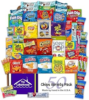 Chips Variety Pack 50 Count - Care Packages for Students from The LakeHouse | Gift Basket for Kids and Adults - Individually Wrapped Office Snacks Variety Pack with Chips, Cookies, Candy - Snack Packs