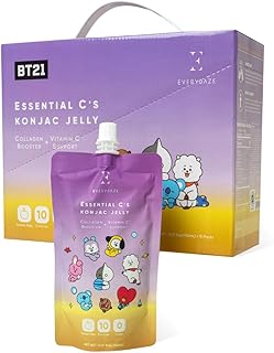 EVERYDAZE BT21 Essential C's Konjac Jelly | Korean Pear | Plant-Based Collagen Booster | Gluten Free, Sugar Free, Low Calorie | Healthy Drinkable Fruit Snack | 10 Pack Box Food Drink Pouch