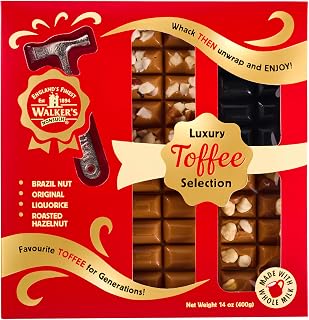 Walkers Nonsuch Luxury Toffee Selection Gift Box with Hammer 400g - Assorted English Hard Toffee Candy Bars - Nutty Brazil, Original Creamy, Liquorice, Roasted Hazelnut - Traditional British Sweets
