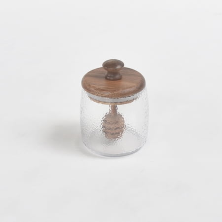 Better Homes & Gardens Hammered Glass & Acacia Honey Keeper, 6 oz Jar with Lid and Honey Dipper, 3 Piece Set, Made for Pantry Jar Storage and Display