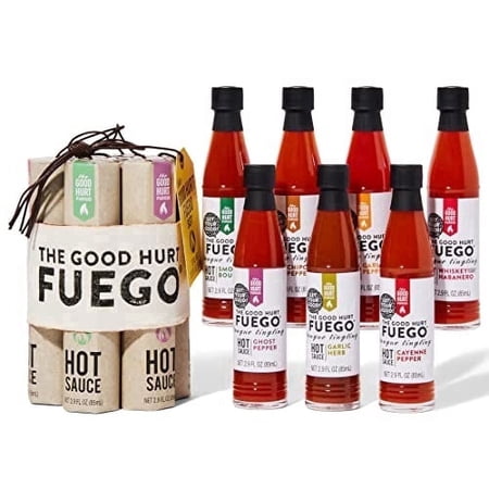 Thoughtfully The Good Hurt Fuego Hot Sauce variety pack, Sampler Set of 7 Different Flavors and Peppers from Around the World, Allergen-Free