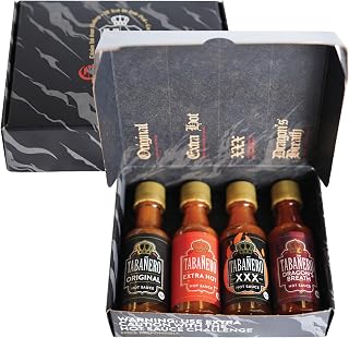 Tabanero Challenge Box, Hot Sauce Gift Set, 4-Pack | 1.7 oz Mini Glass Bottles, Original, Extra Hot, XXX and Dragon's Breath, Gluten Free, All Natural, Low Sodium, Vegan, Kosher