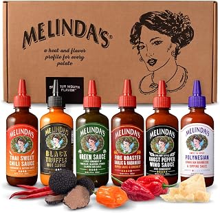 Melinda's Taste of Melinda's Collection - Hot Sauce Gift Set, 72oz 6pk | Craft Pepper Sauce Condiment Gift Set - Includes Black Truffle, Thai Sweet Chili, Fire Roasted, Ghost, Spicy Garlic Parmesan