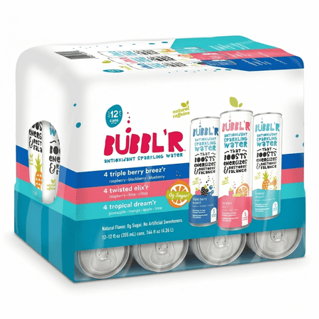 Bubblr Antioxidant Sparkling Water - triple berry breez'r ,twisted elix'r, tropical dream'r - Variety Pack, 0 Suger, 69 Mg Caffine, Sparkling Water 12 Fl Oz (Pack Of 12) (Packaging may Vary)