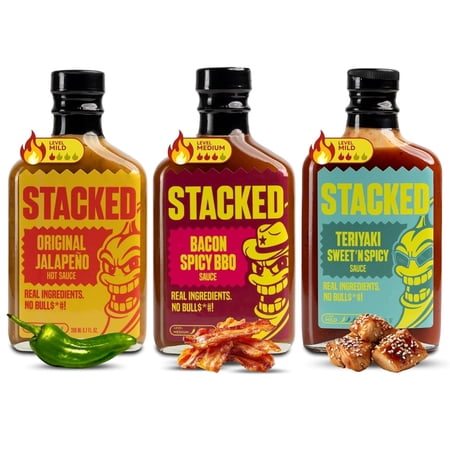 STACKED - Hot Sauce Variety Pack, Original Jalapeno, Bacon Spicy BBQ & Teriyaki Sweet 'n Spicy - 6.7 fl oz, Pack of 3