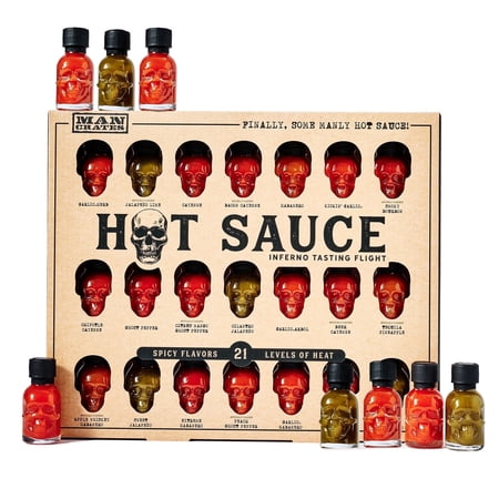 Man Crates, Hot Sauce Inferno Flight, Includes 21 Flavors in Skull-Shaped Mini Hot Sauce Bottles, Spicy Challenge with Habanero, Ghost Pepper & More