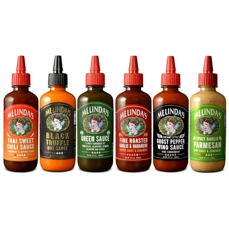 Melinda's - A Taste of Melinda's Collection - Craft Pepper Sauce and Condiment Gift Set - Includes Black Truffle, Thai Sweet Chili, Roasted Garlic & Habanero, Ghost Pepper, Spicy Garlic Parmesan- 12 o