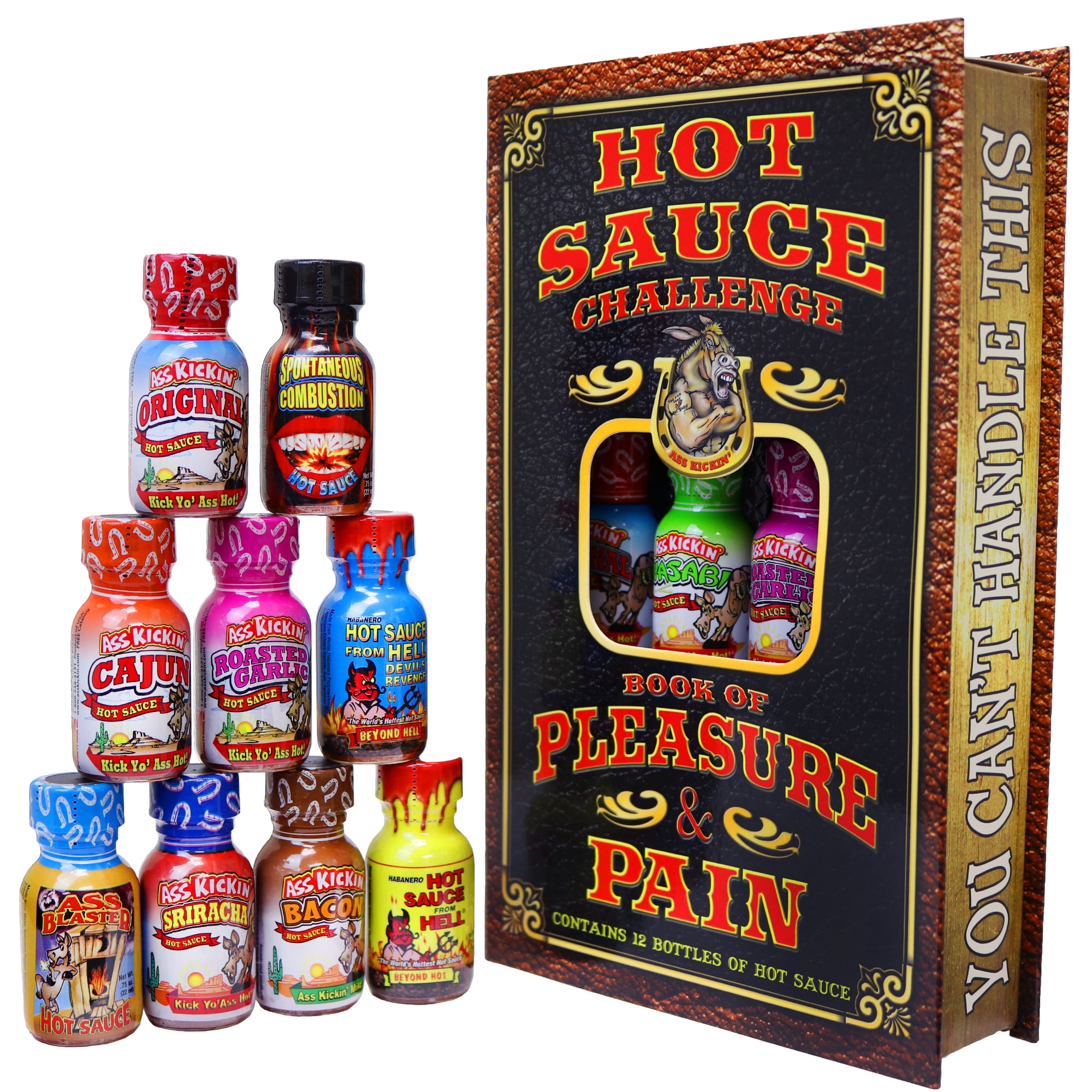 Hot Sauce Challenge Book Of Fun & Pain - 12 - 0.75 Ounce Bottles - Hot Sauce Variety Pack - Perfect Gourmet Hot Sauce Sampler - Try This Hot Sauce Gift Set If You Dare!