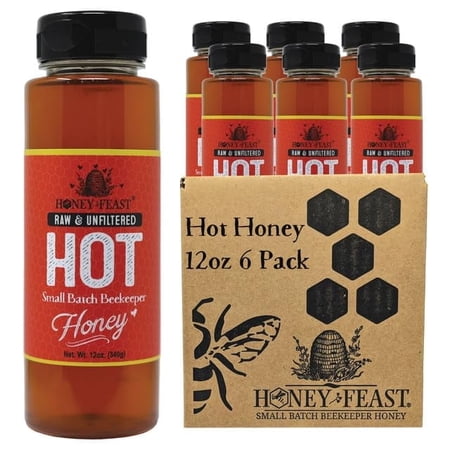 HONEY FEAST 6-Pack Hot Honey 12OZ Jars (Pack of 6) - Exquisite Spicy and Sweet Sauce Combo, Multi-Pack Hot Honey for Culinary Adventures, A Must-Have for Spicy Gourmet Gift Sets
