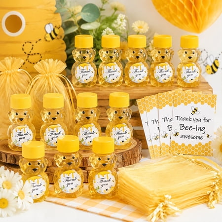 20 Sets Honey Bear Bottle Party Favors Pack - 2oz Empty Bear Shape Plastic Honey Jars with Yellow Lids, Gift Bags, Cards & Stickers, Ideal for Wedding, Baby Shower & Bee Party Gifts