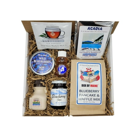 Maine Breakfast Box - 7 piece Gift Pack ( Pure Maple Syrup, Organic Honey, Wild Blueberry Jam, Bar Harbor Tea, Acadia Coffee, Canned Blueberries and Blueberry Pancake Mix)