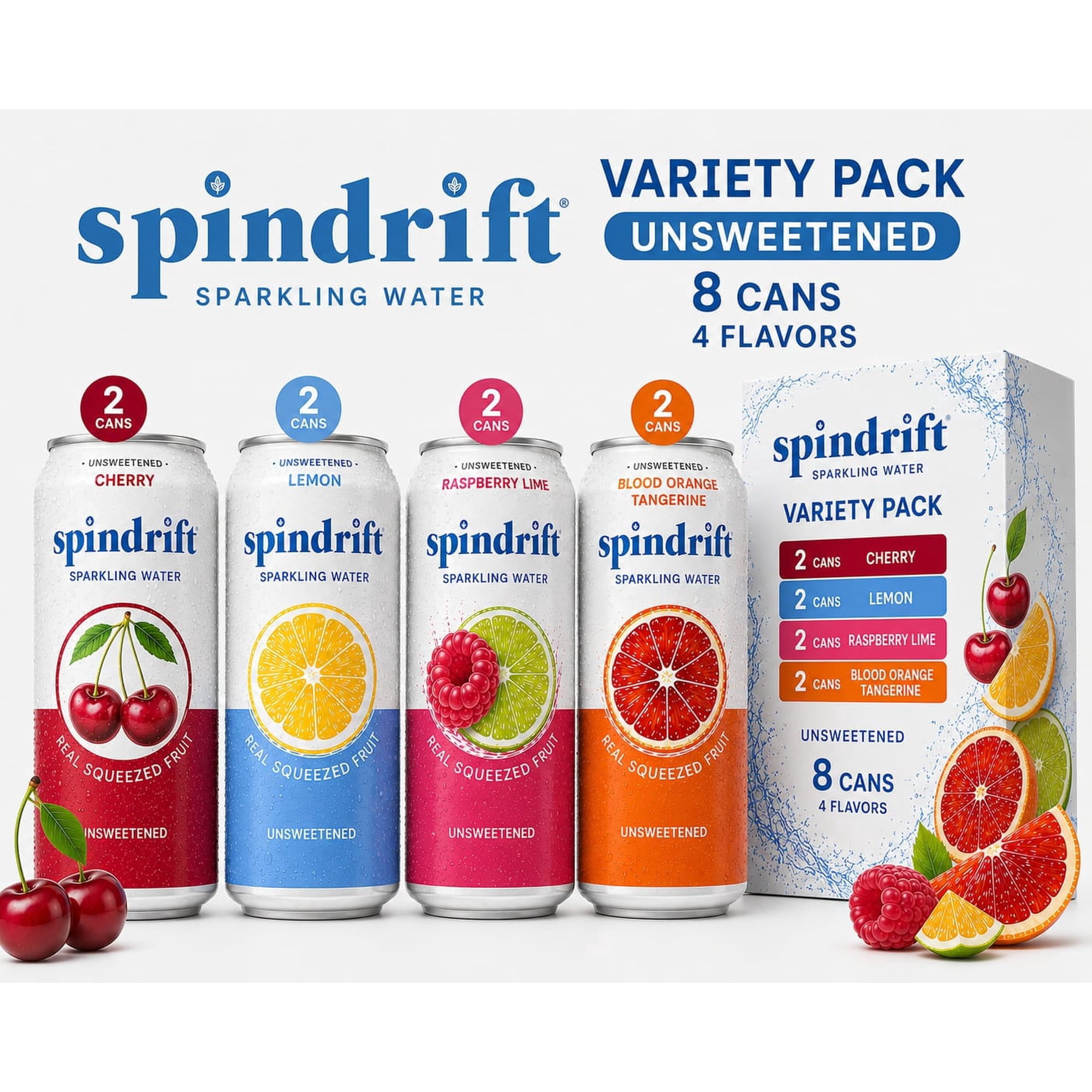 8 Count, Spindrift Sparkling Water Variety Pack, 12 fl oz Cans (2 Cherry, 2 Lemon, 2 Raspberry Lime, 2 Blood Orange Tangerine), Unsweetened, Real Squeezed Fruit