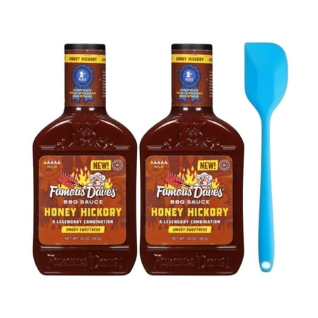 Famous Dave's Honey Hickory BBQ Sauce, 20 oz Bottle (2 pack) and 8in Silicone Spatula (Color Varies)