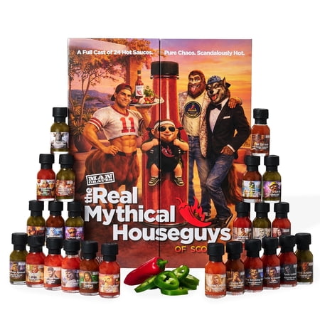 Man Crates Real Houseguys Hot Sauce Gift Set - 24 Pack Funny Hot Sauce Sampler for Men - Spicy Variety Gift Box for Dad, Husband, Boyfriend - Unique Gag Gift