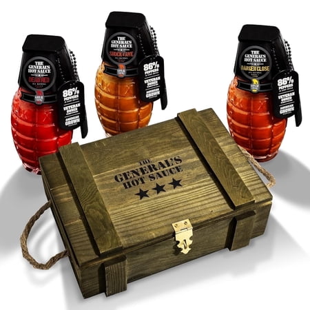 The General's Hot Sauce Military-Inspired Ammo Crate Gift Set with Cayenne and Habanero Peppers, 3-Pack (6oz Bottles)