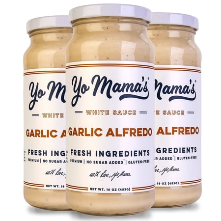 Yo Mama's Foods Gourmet Keto Garlic Alfredo Pasta Sauce | (3) 16 Ounce Glass Bottles | Our Garlic Sauce is Low Carb, Paleo, Gluten Free, Low Calorie and is Made with only the Freshest Ingredients!