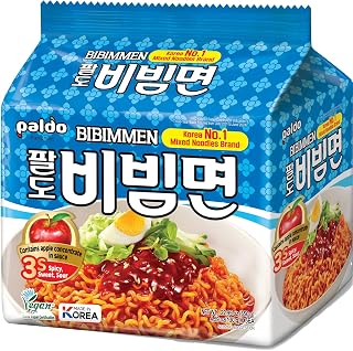 Paldo Fun & Yum Bibim Men Instant Cold Noodles, Pack of 5, Brothless Cold Ramen with Sweet & Spicy Seasoning Sauce, Oriental Style Korean Ramyun, Soupless K-Food, (130g, Pack of 5)