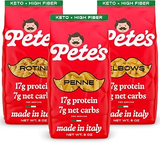 Pete's Pasta Penne, Rotini, Elbow Mac, Low Carb, 17g Protein, 7g Net Carbs | Made in Italy, Al Dente, Only 110 Calories, 27g Fiber, Real Wheat, Never Rubbery, No Funny Aftertaste, Holds Sauce, 3 x 8 oz