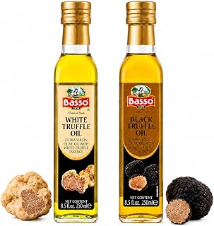 BASSO 1904 - Black & White Truffle Oil Set, 2 Bottles x 8.5 fl oz (250ml) | High-Concentration Italian Extra Virgin Olive Oil with Real Black Winter & White Alba Truffles, Product of Italy