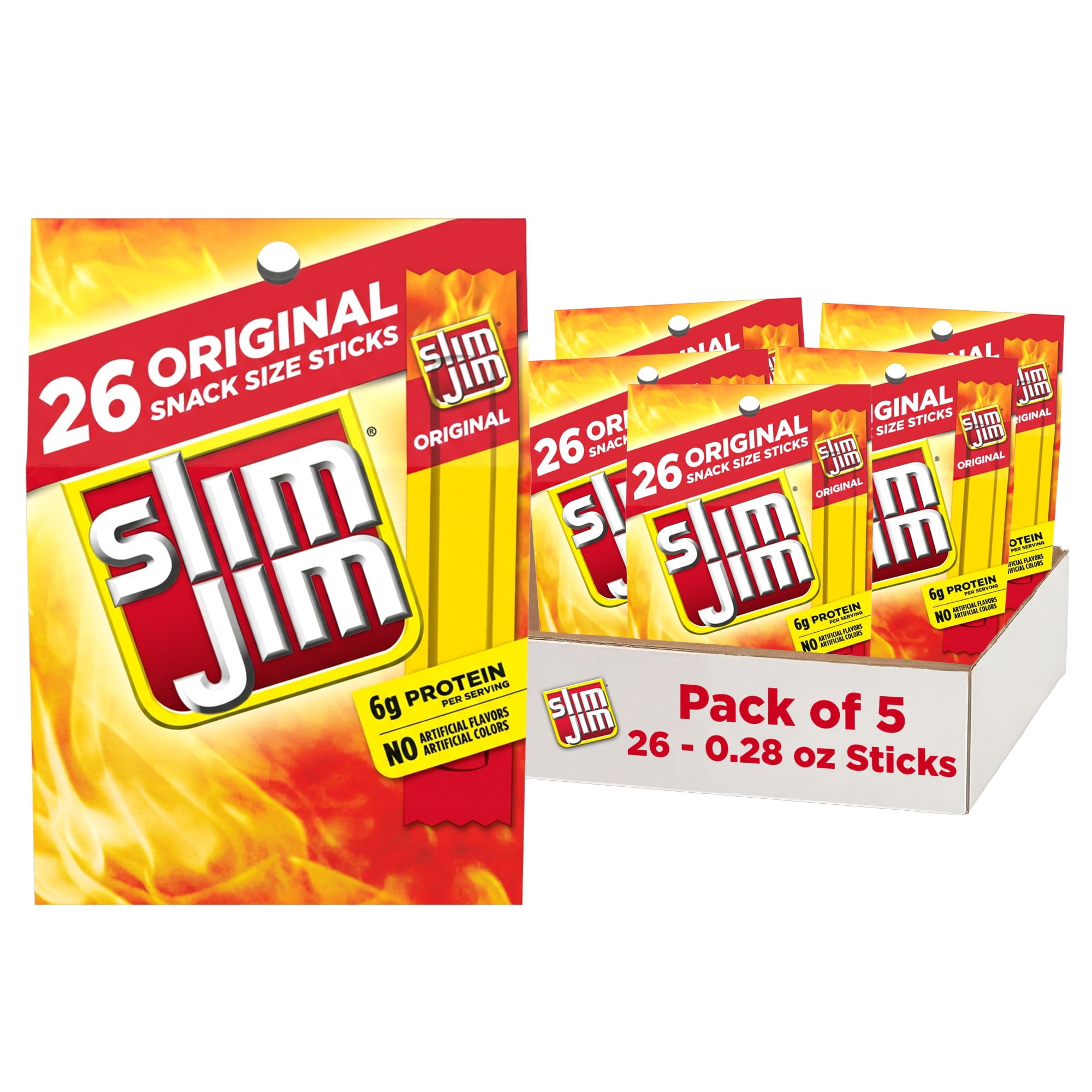 (5 pack) Slim Jim Smoked Jerky Snack Sticks, Original Flavor, 6g Protein Per Serving, Lunchbox Snacks, 0.28 oz. (26-Count)