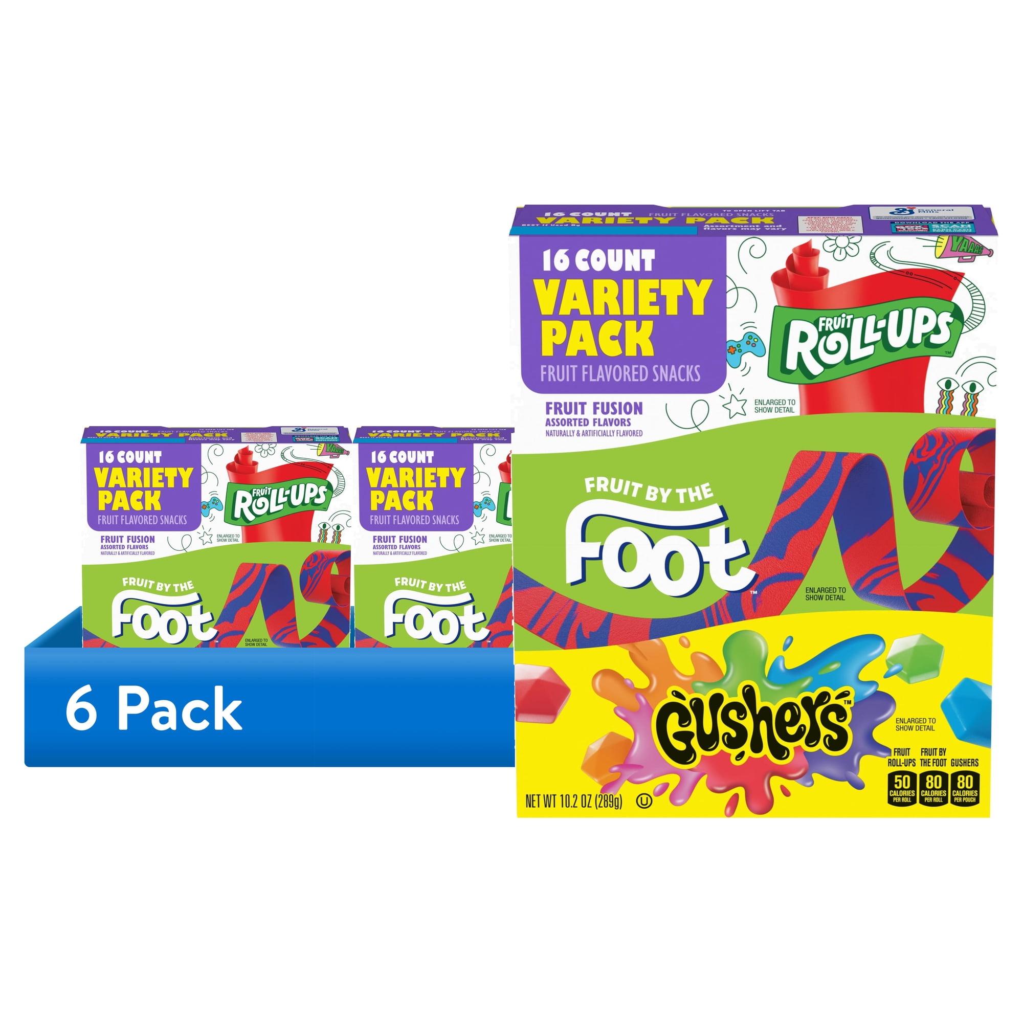 (6 pack) Fruit Roll-Ups, Fruit by the Foot, Gushers Gluten Free Fruit Flavored Snacks (16 Pouches)
