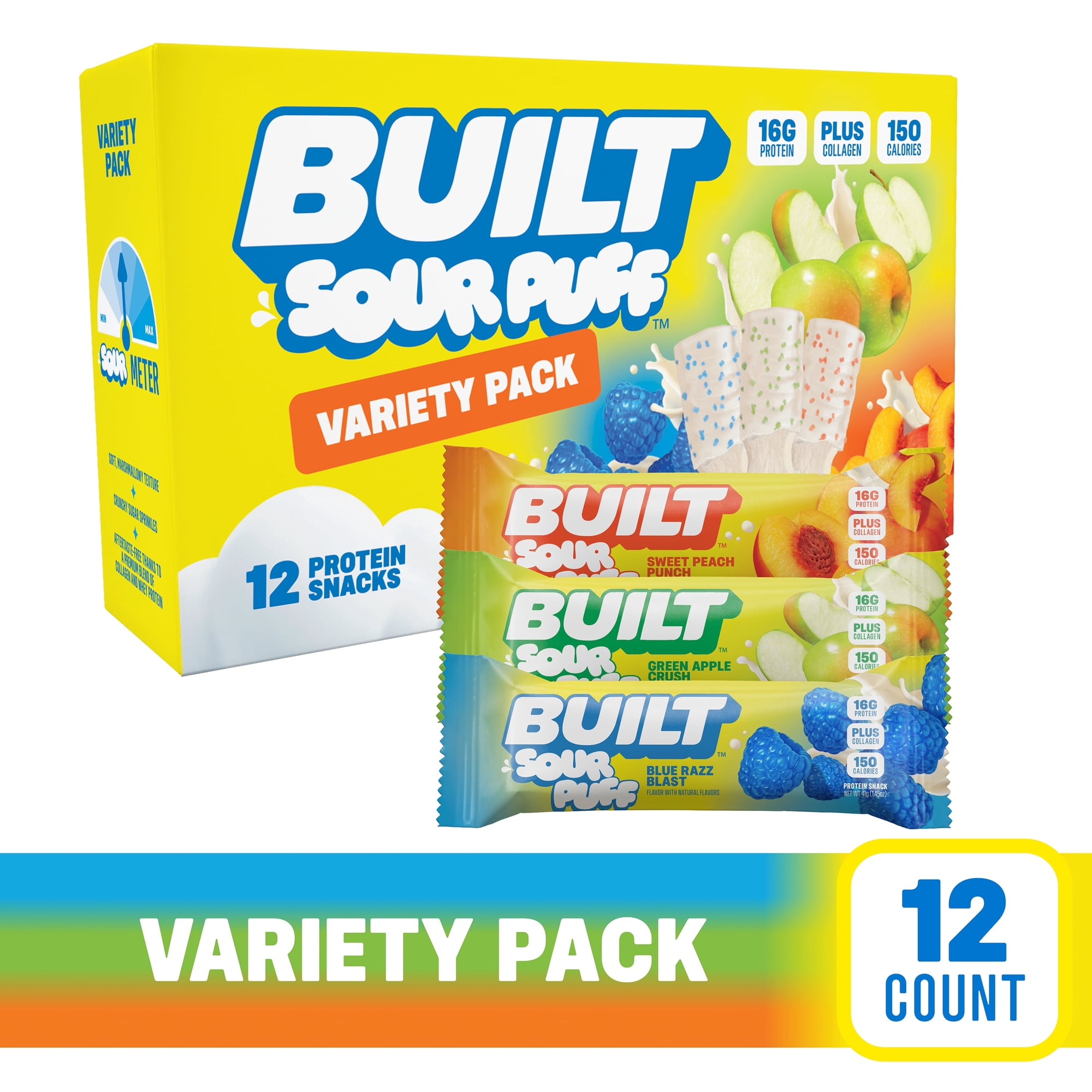 BUILT Bar Sour Puff Protein Bars, Variety Pack, Gluten Free, Sour Candy Snacks - 12ct