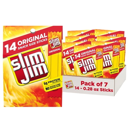 (7 pack) Slim Jim Smoked Jerky Snack Sticks, Original Flavor, 6g Protein Per Serving, Lunchbox Snacks, 0.28 oz. (14-Count)